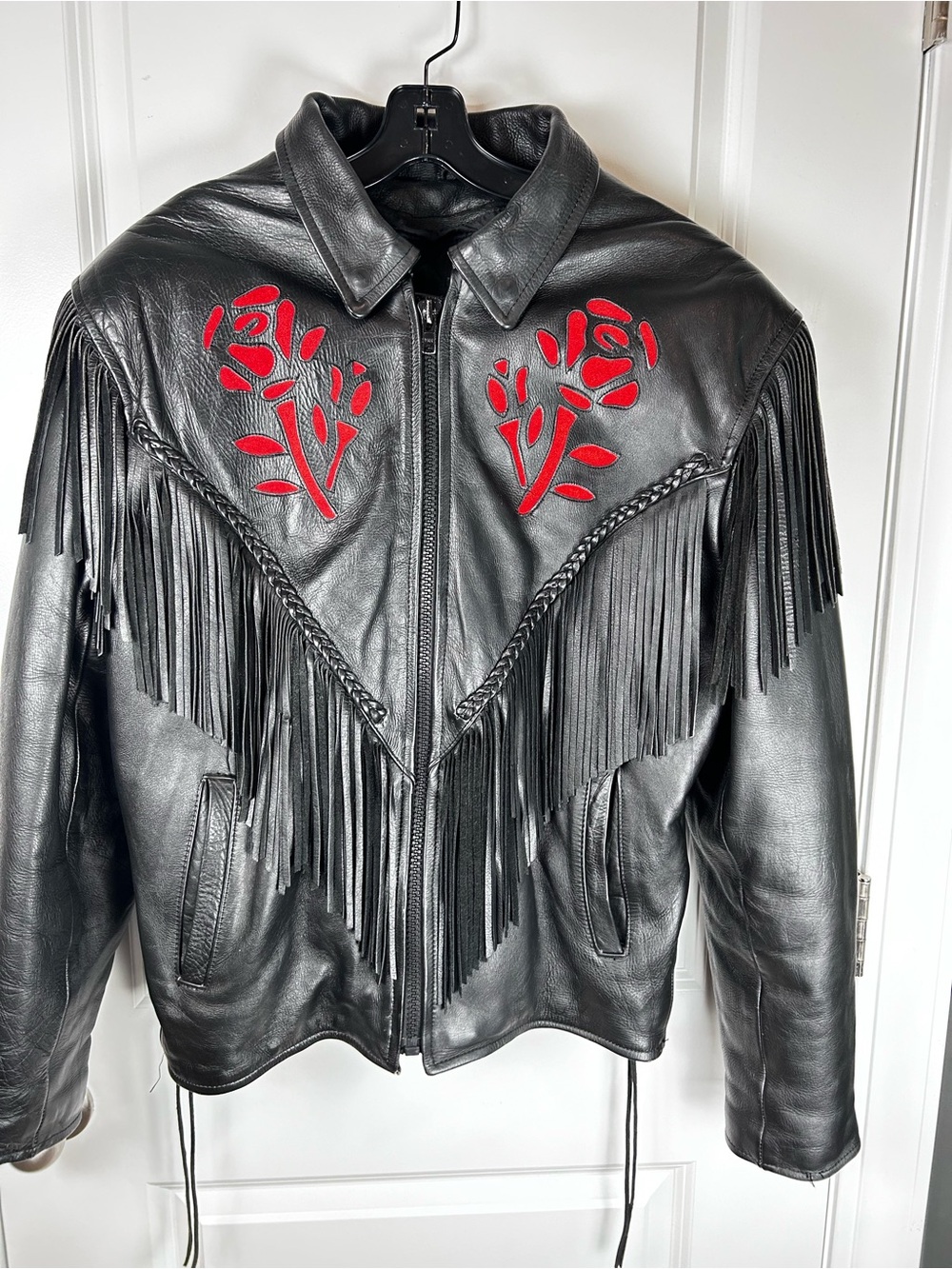 Vintage Women Black Fringe Leather Motorcycle Jacket Rose Western Trim XXL Lined